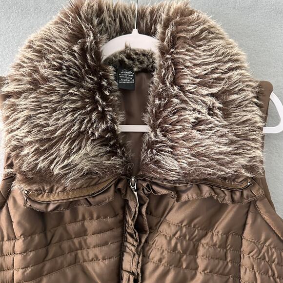 New Directions Brown Puffer Vest W/ Faux Fur Collar And Ruffle Detail Womens XL - Picture 2 of 12